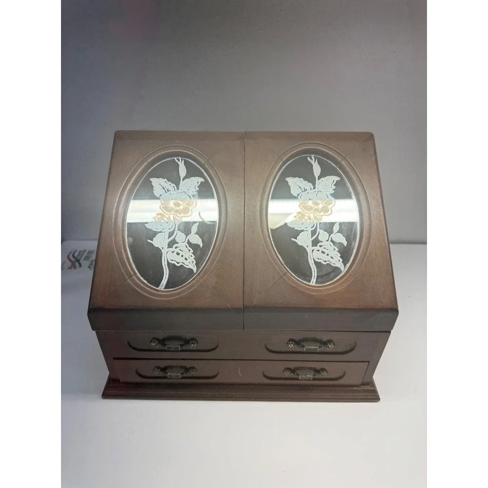 Vintage Wooden Jewelry Box Armoire Etched Glass Floral 2 Drawer Yellow Lining